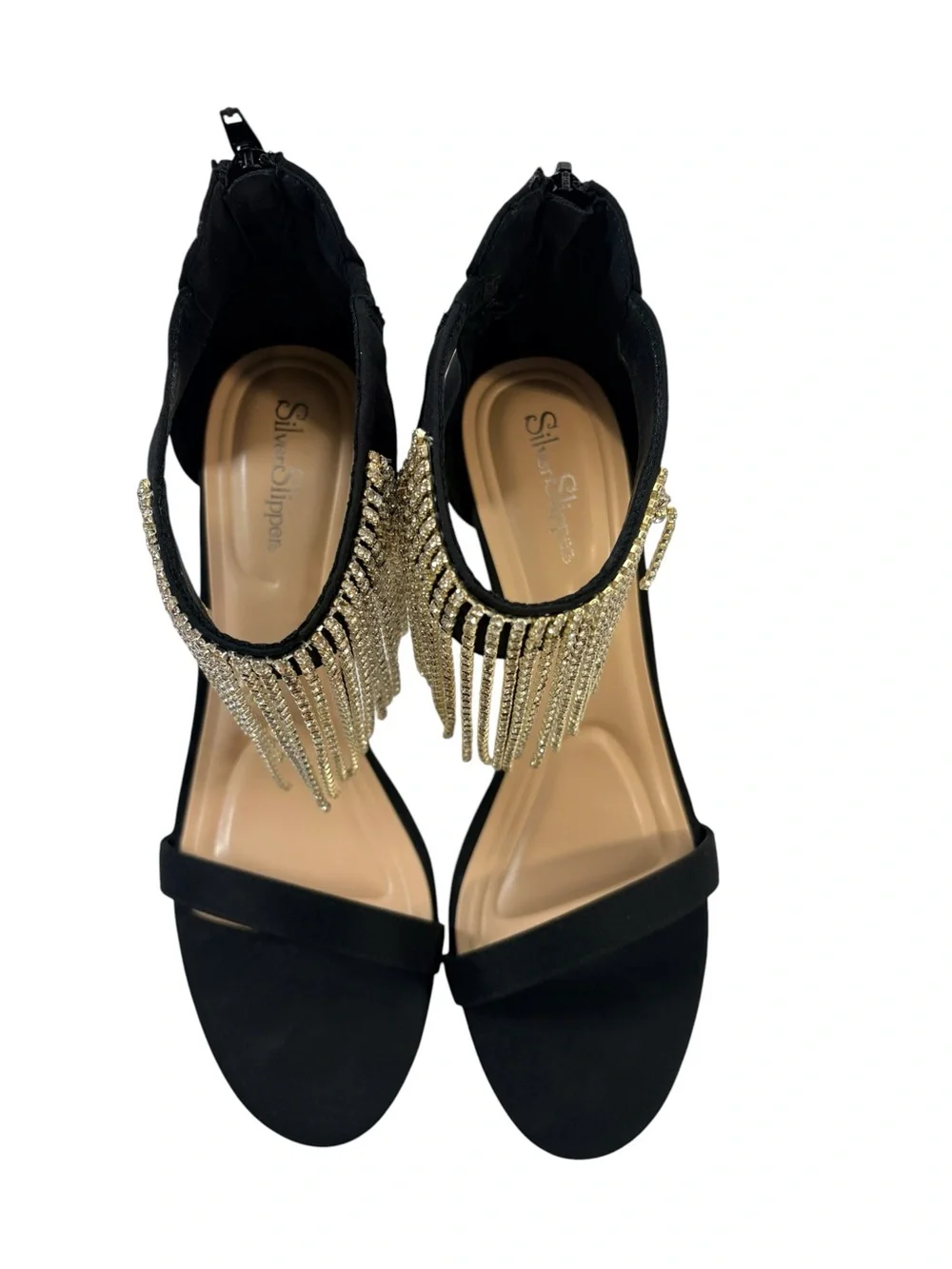 Silver Slipper Fiona Black Rhinestone Fringe Heels Size 8.5M Dress Sandals NIB